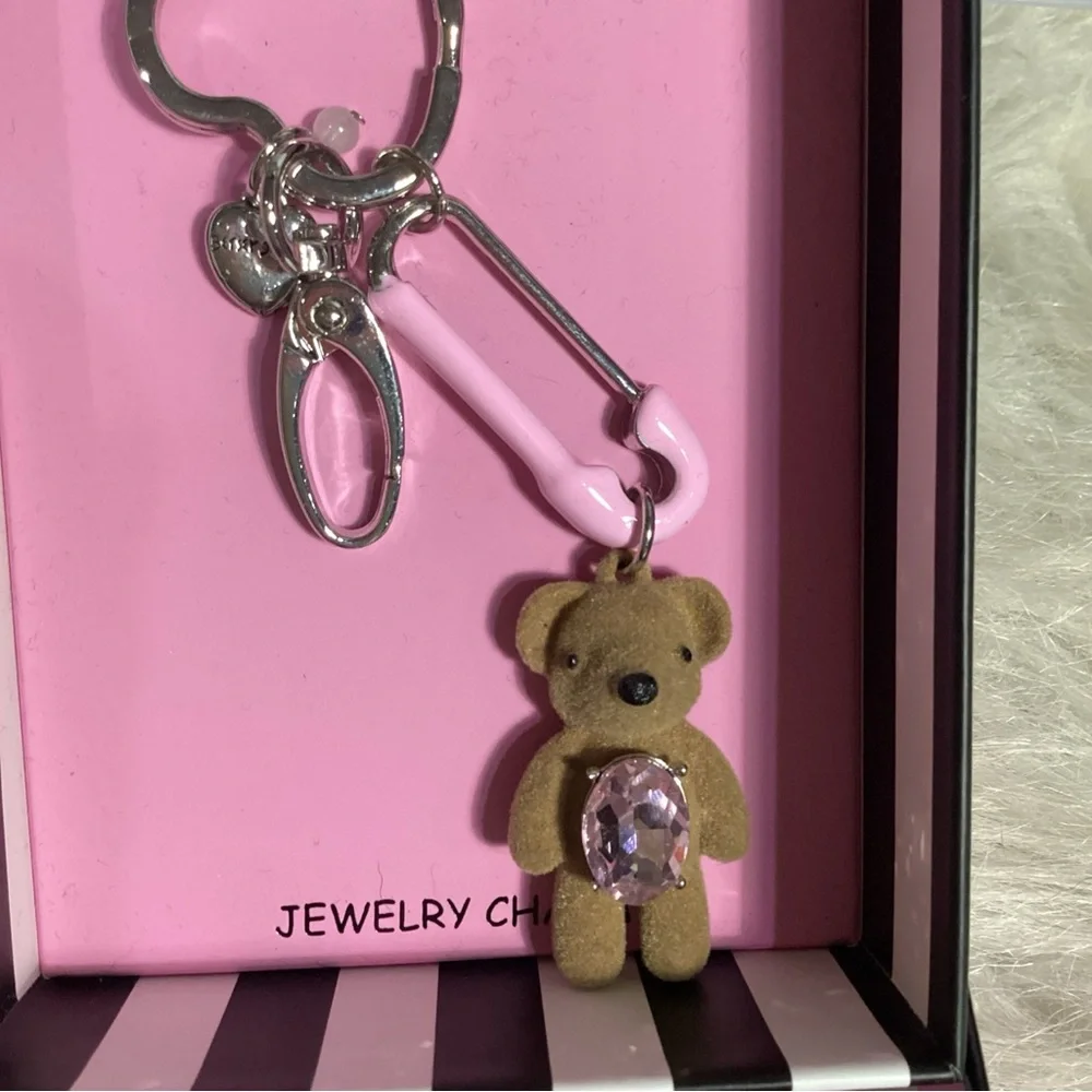 Betsey Johnson Pink Safety Pin Jewel Studded Teddy Bear Keychain Bag Charm NIB